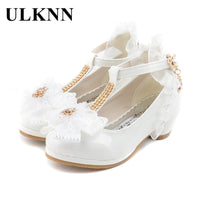 ULKNN Children Party Leather Shoes Girls PU Low Heel Lace Flower Kids Shoes For Girls Single Shoes Dance Dress shoe White Pink